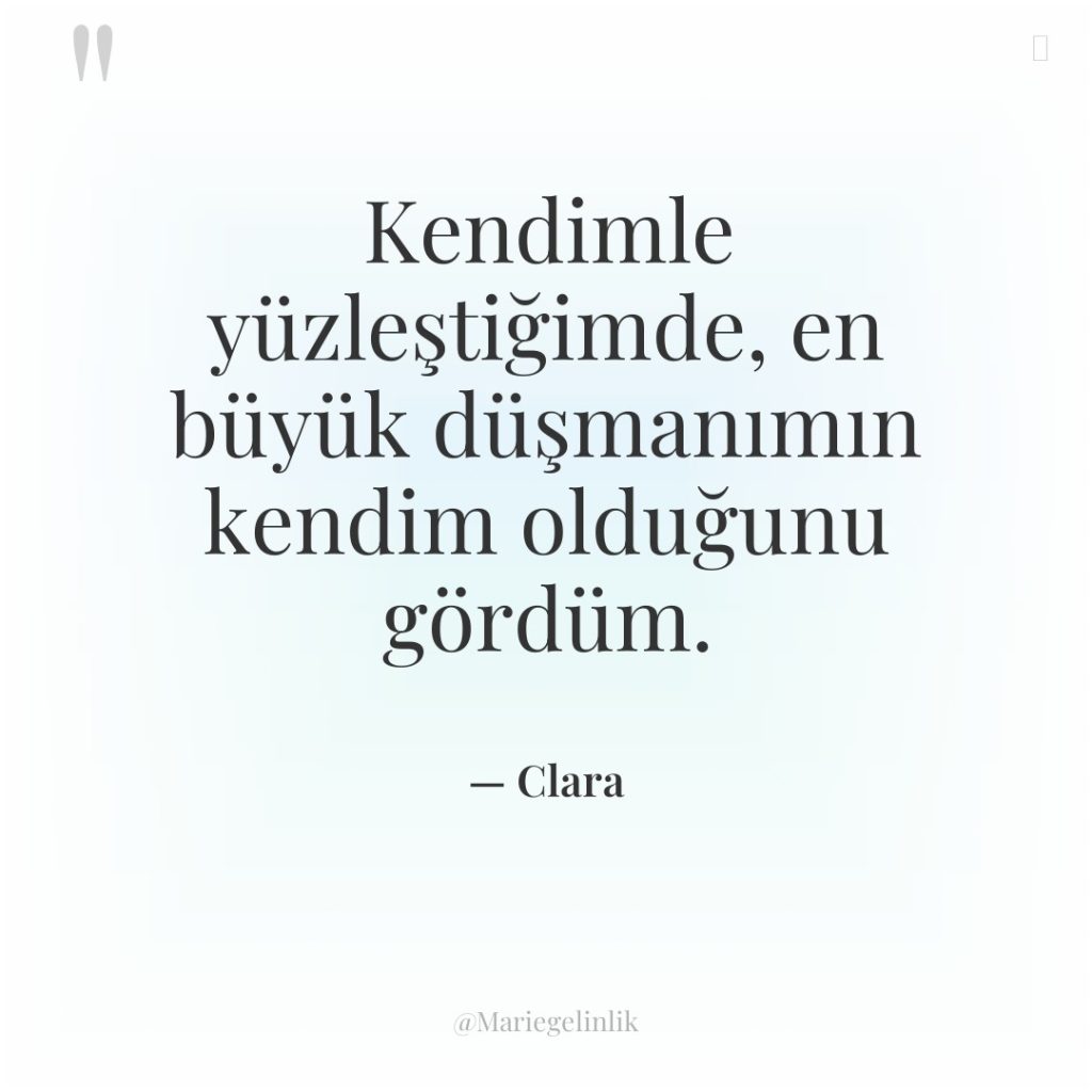 Kendimle yüzleştiğimde, en büyük düşmanımın kendim olduğunu gördüm.