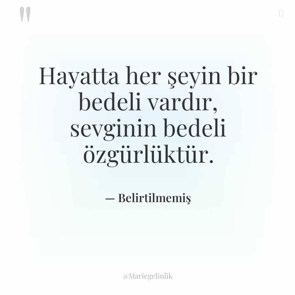 Hayatta her şeyin bir bedeli vardır, sevginin bedeli özgürlüktür.