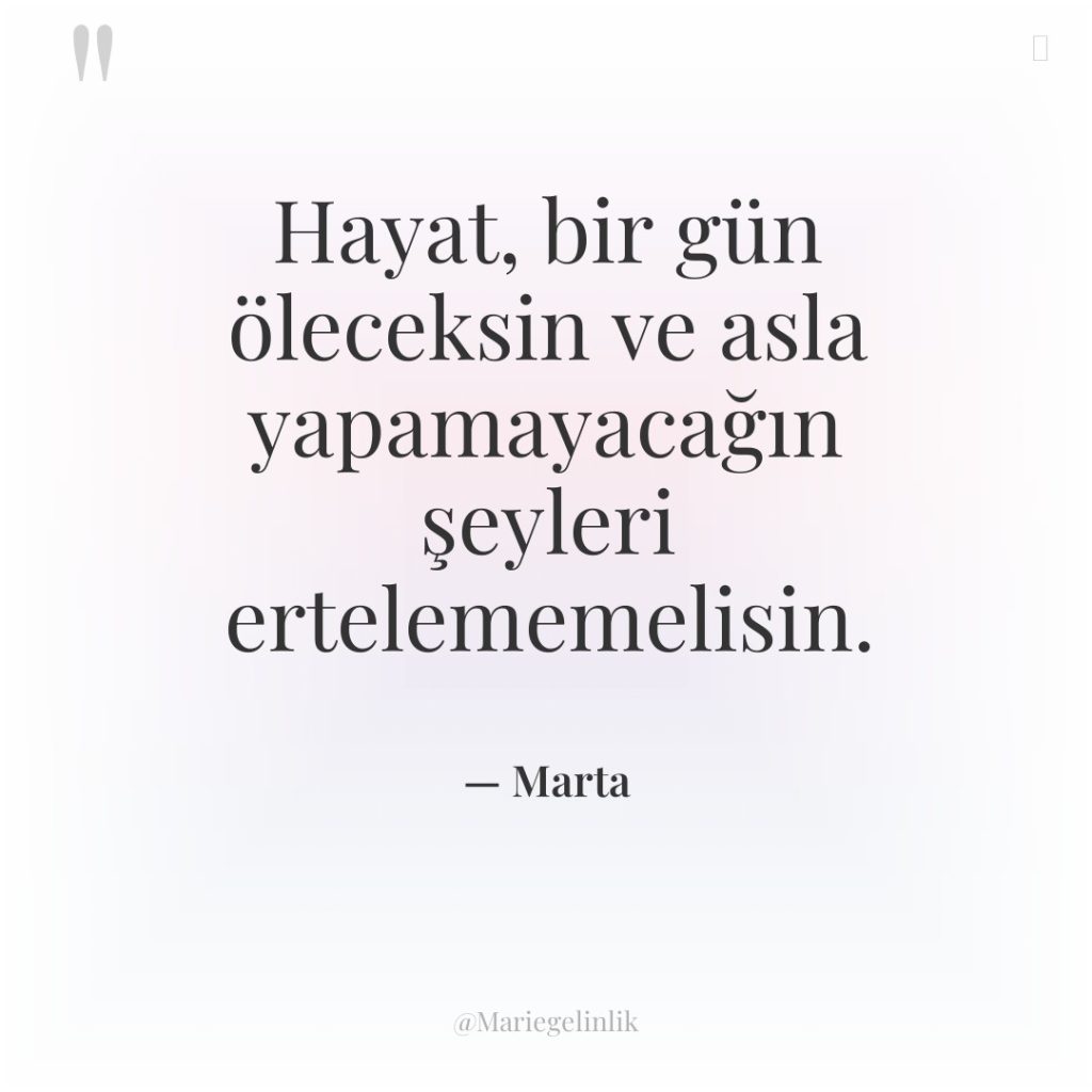 Hayat, bir gün öleceksin ve asla yapamayacağın şeyleri ertelememelisin.