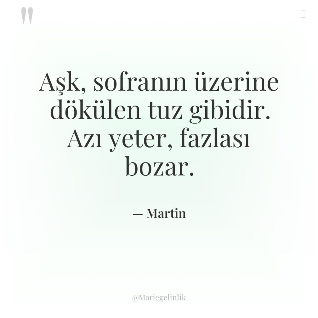 Aşk, sofranın üzerine dökülen tuz gibidir. Azı yeter, fazlası bozar.