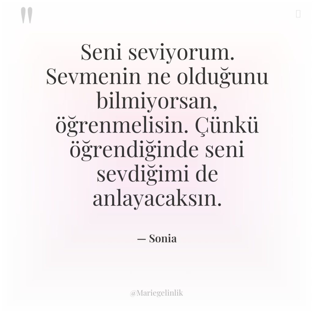 Seni seviyorum. Sevmenin ne olduğunu bilmiyorsan, öğrenmelisin. Çünkü öğrendiğinde seni…