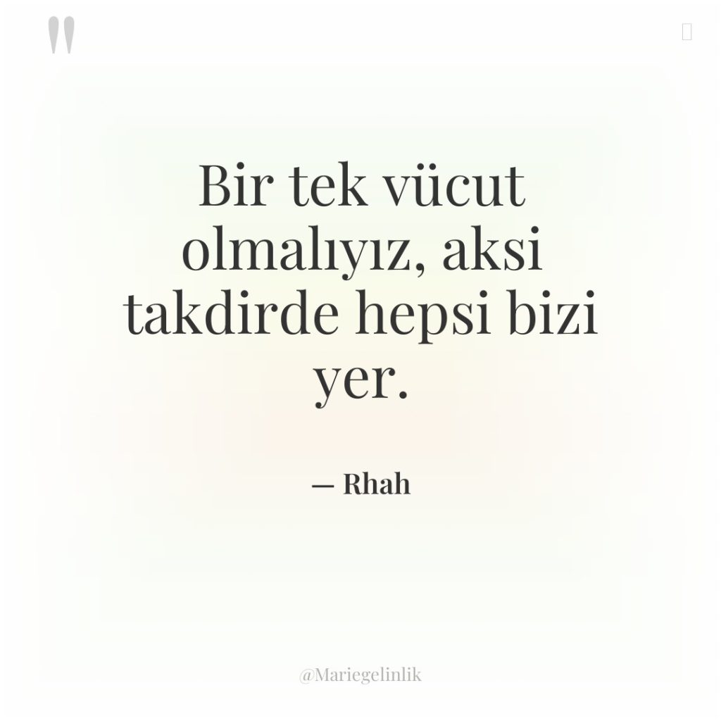 Bir tek vücut olmalıyız, aksi takdirde hepsi bizi yer.