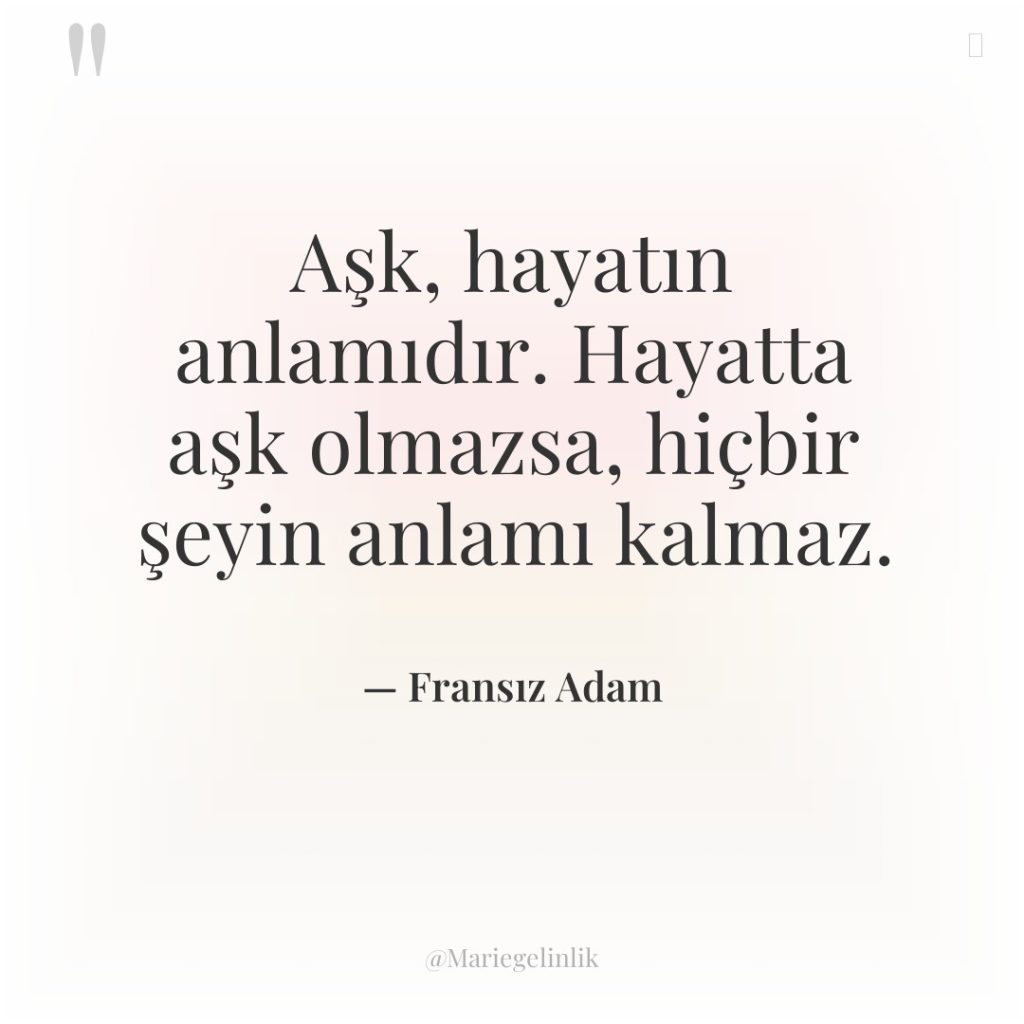 Aşk, hayatın anlamıdır. Hayatta aşk olmazsa, hiçbir şeyin anlamı kalmaz.