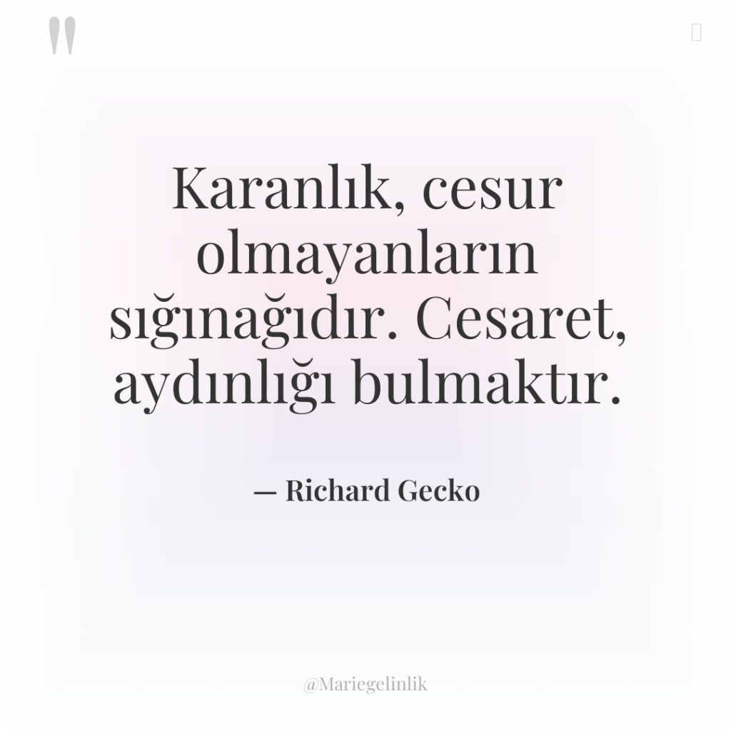 Karanlık, cesur olmayanların sığınağıdır. Cesaret, aydınlığı bulmaktır.