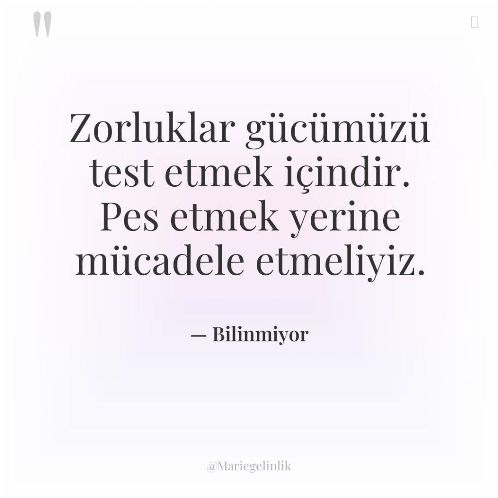 Zorluklar gücümüzü test etmek içindir. Pes etmek yerine mücadele etmeliyiz.