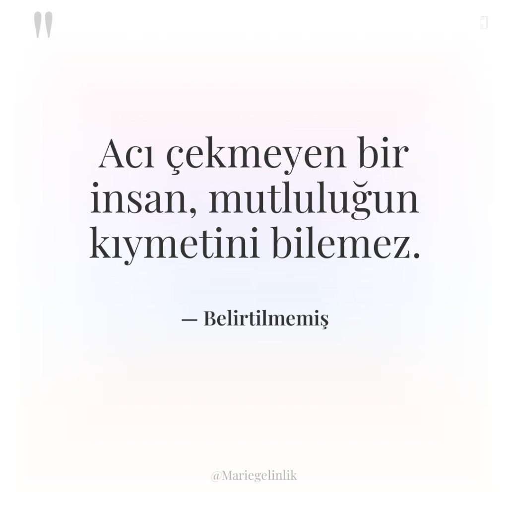 Acı çekmeyen bir insan, mutluluğun kıymetini bilemez.