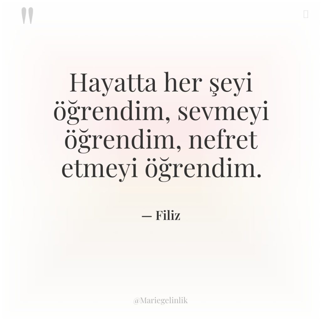 Hayatta her şeyi öğrendim, sevmeyi öğrendim, nefret etmeyi öğrendim.