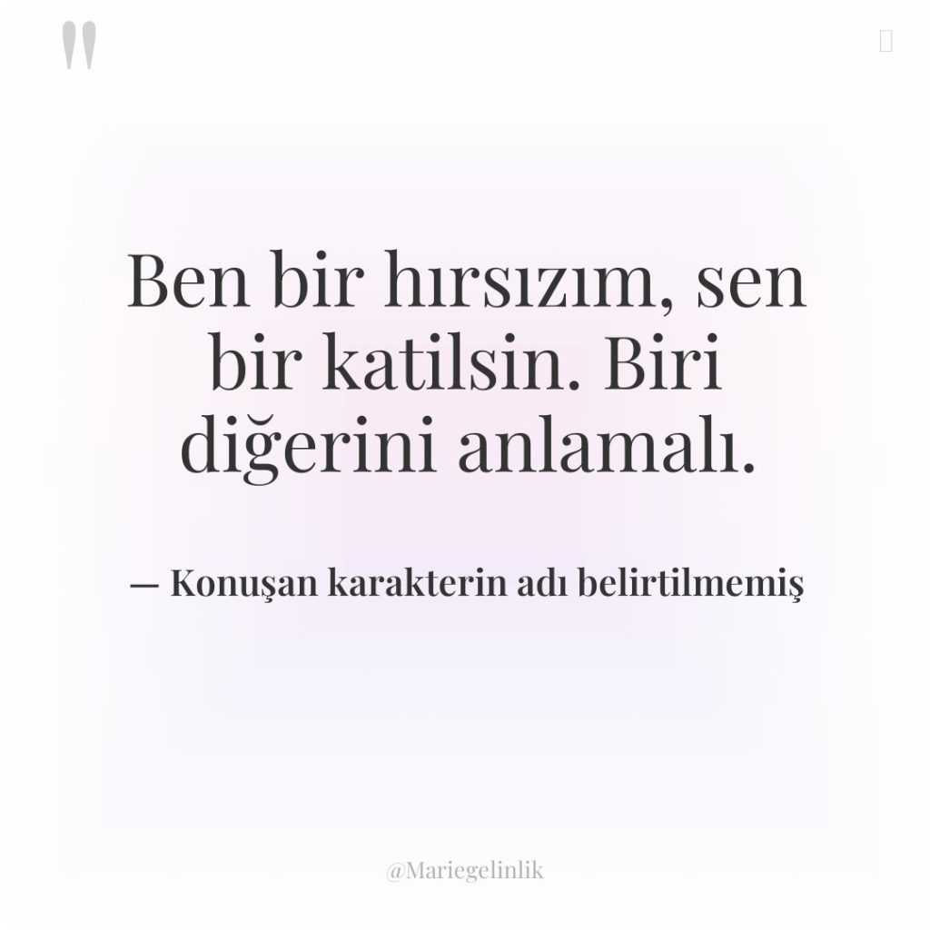 Ben bir hırsızım, sen bir katilsin. Biri diğerini anlamalı.