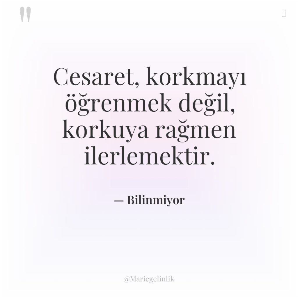 Cesaret, korkmayı öğrenmek değil, korkuya rağmen ilerlemektir.