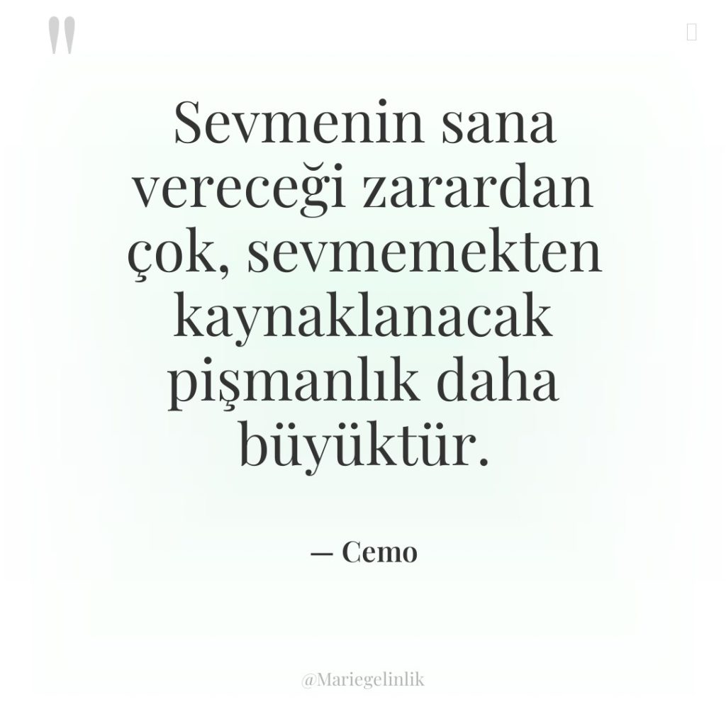 Sevmenin sana vereceği zarardan çok, sevmemekten kaynaklanacak pişmanlık daha büyüktür.