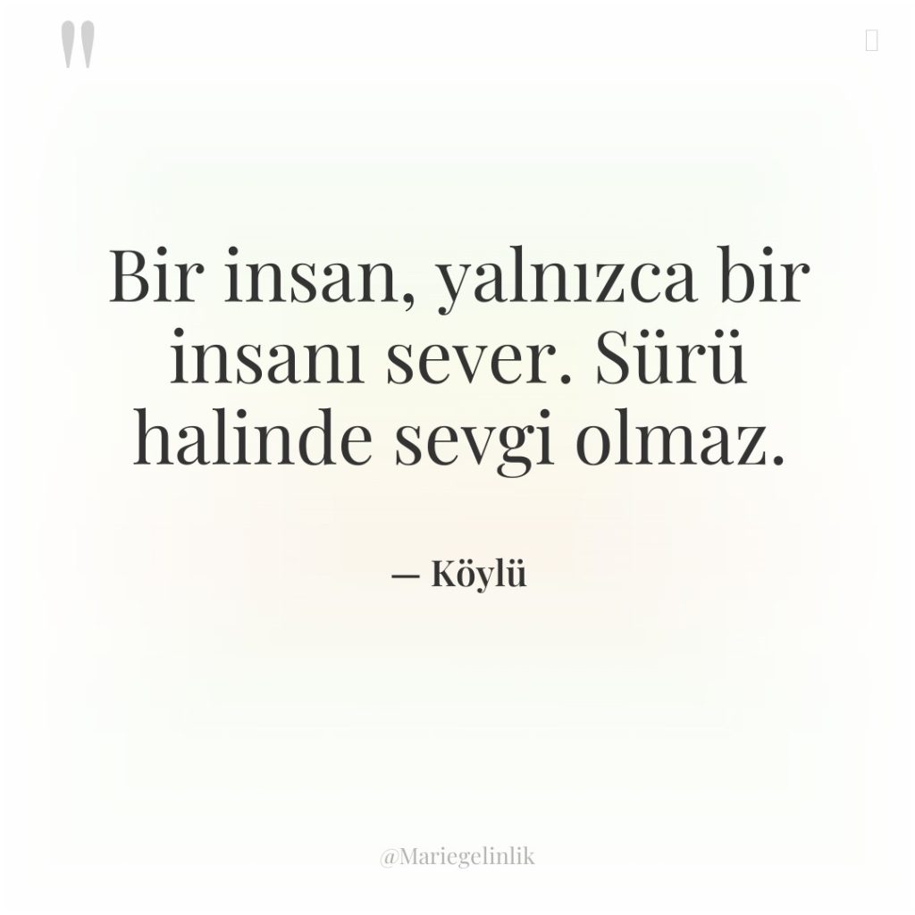 Bir insan, yalnızca bir insanı sever. Sürü halinde sevgi olmaz.