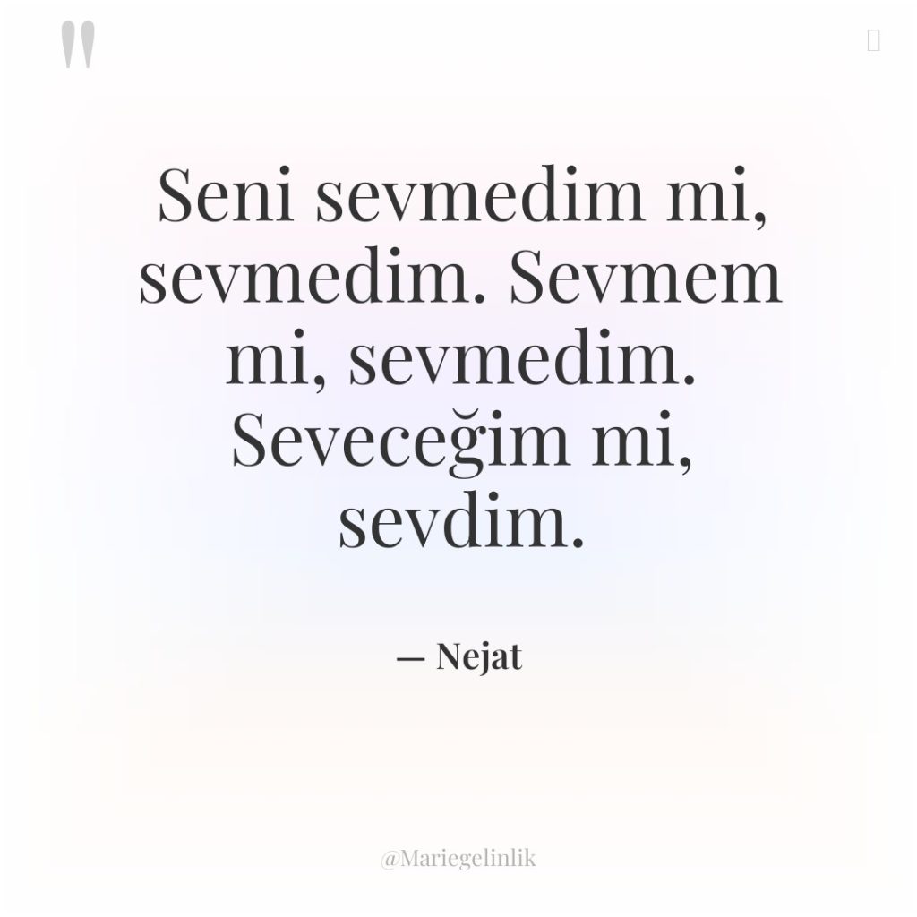 Seni sevmedim mi, sevmedim. Sevmem mi, sevmedim. Seveceğim mi, sevdim.