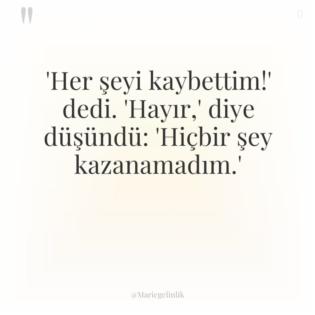 ‘Her şeyi kaybettim!’ dedi. ‘Hayır,’ diye düşündü: ‘Hiçbir şey kazanamadım.’