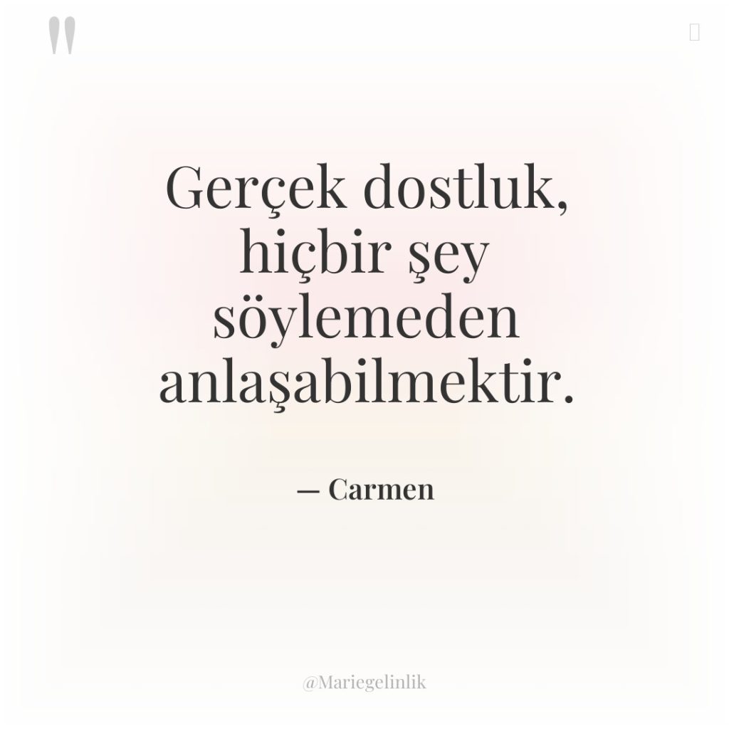 Gerçek dostluk, hiçbir şey söylemeden anlaşabilmektir.