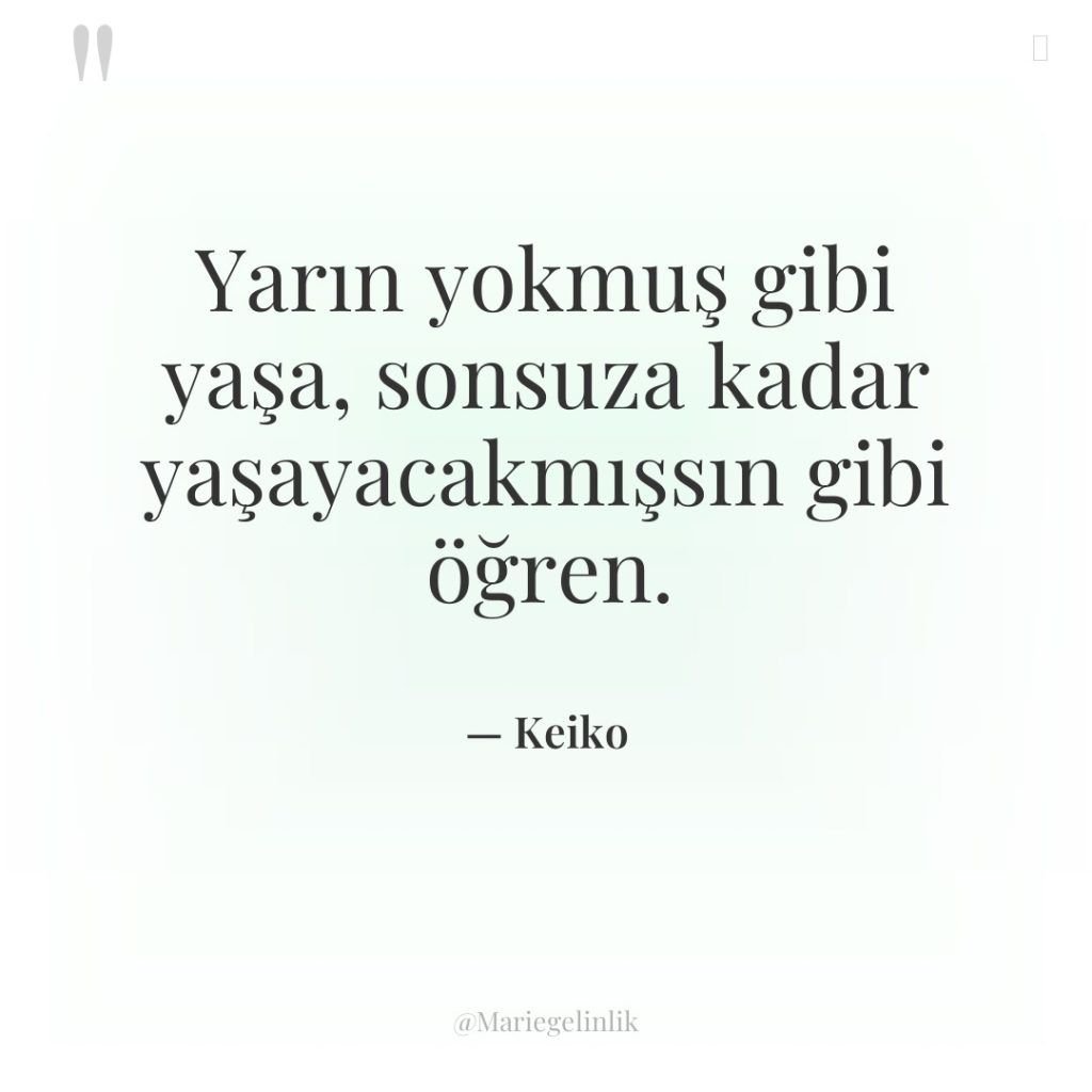 Yarın yokmuş gibi yaşa, sonsuza kadar yaşayacakmışsın gibi öğren.