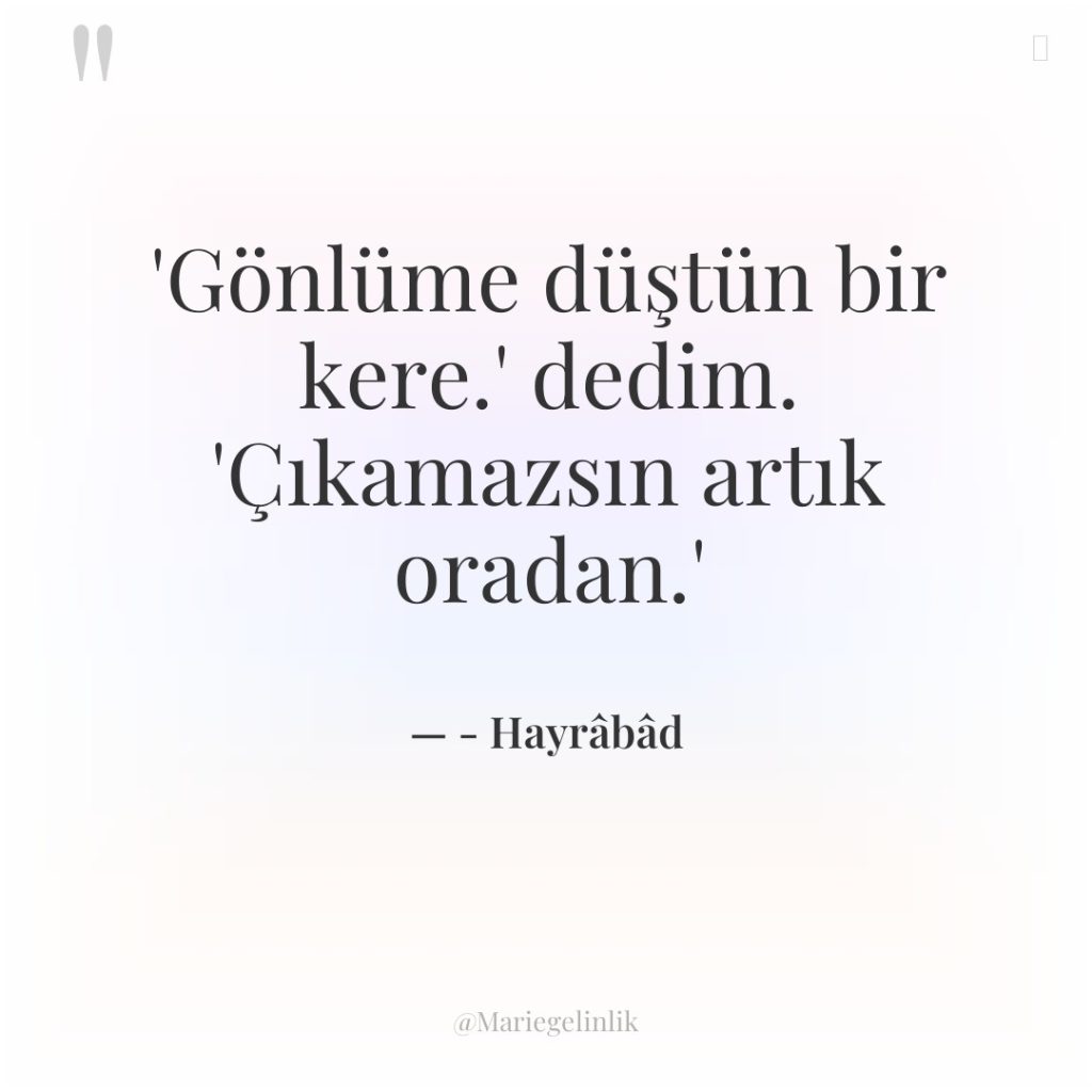 ‘Gönlüme düştün bir kere.’ dedim. ‘Çıkamazsın artık oradan.’