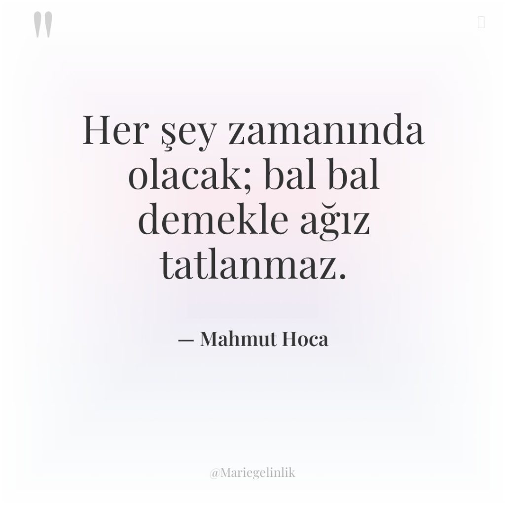 Her şey zamanında olacak; bal bal demekle ağız tatlanmaz.