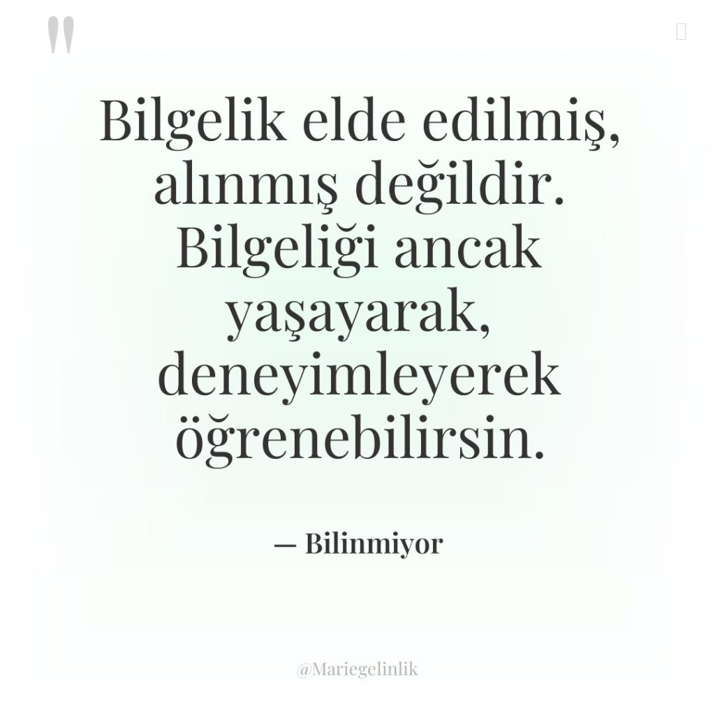 Bilgelik elde edilmiş, alınmış değildir. Bilgeliği ancak yaşayarak, deneyimleyerek öğrenebilirsin.