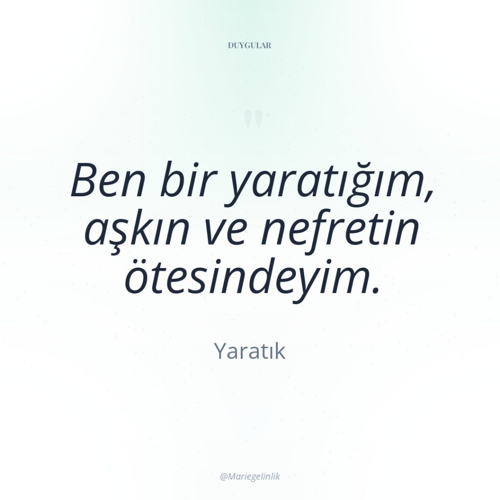 Ben bir yaratığım, aşkın ve nefretin ötesindeyim.