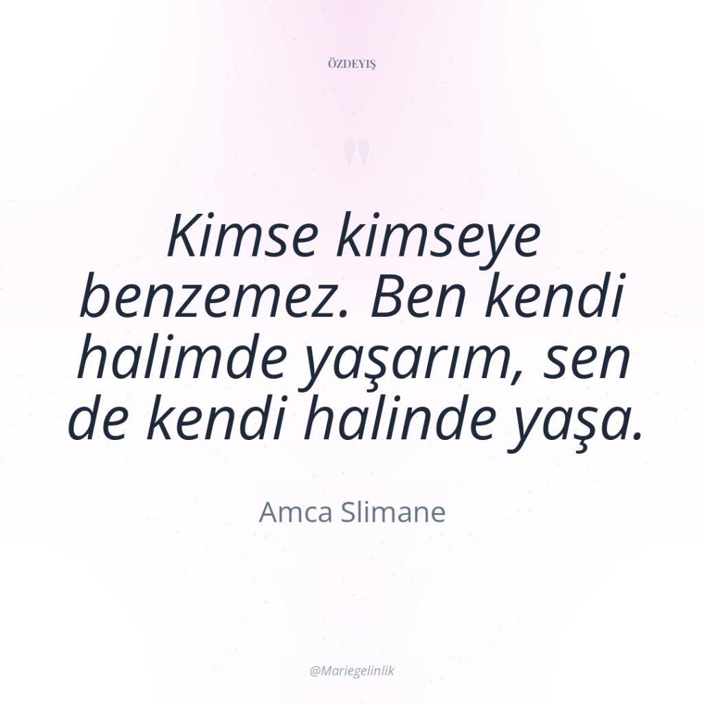 Kimse kimseye benzemez. Ben kendi halimde yaşarım, sen de kendi…