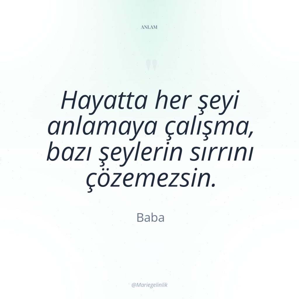 Hayatta her şeyi anlamaya çalışma, bazı şeylerin sırrını çözemezsin.