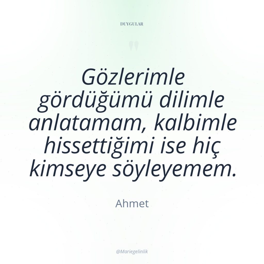 Gözlerimle gördüğümü dilimle anlatamam, kalbimle hissettiğimi ise hiç kimseye söyleyemem.
